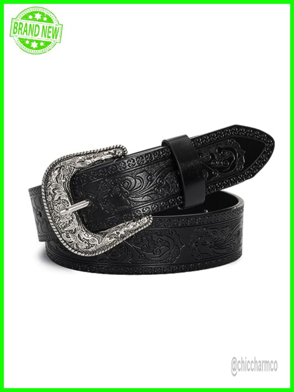 Carved PU Leather Western Belt with Turquoise Buckle